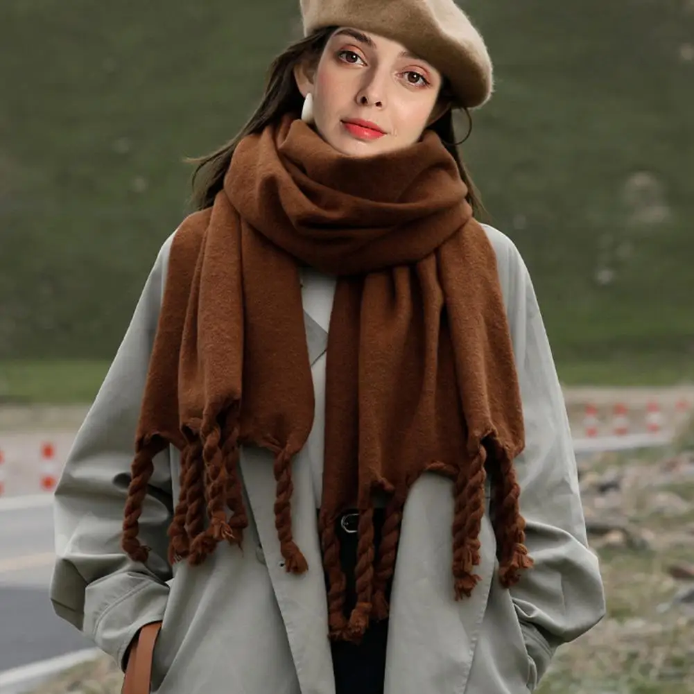 Women Winter Scarf Thick Warm Scarf With Tassels Versatile Solid Color Pashmina For Outdoor Cycling Daily Use Blanket Foulard