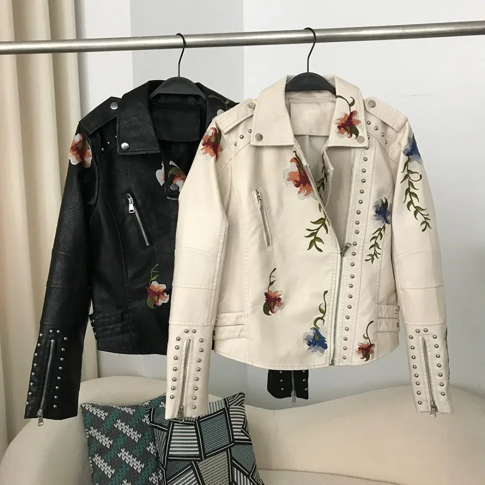 

Women's Embroidered Rivet Coat Moto & Biker Clothes 2025 Spring biker jacket PU Leather Jackets Streetwear Zipper Overcoat