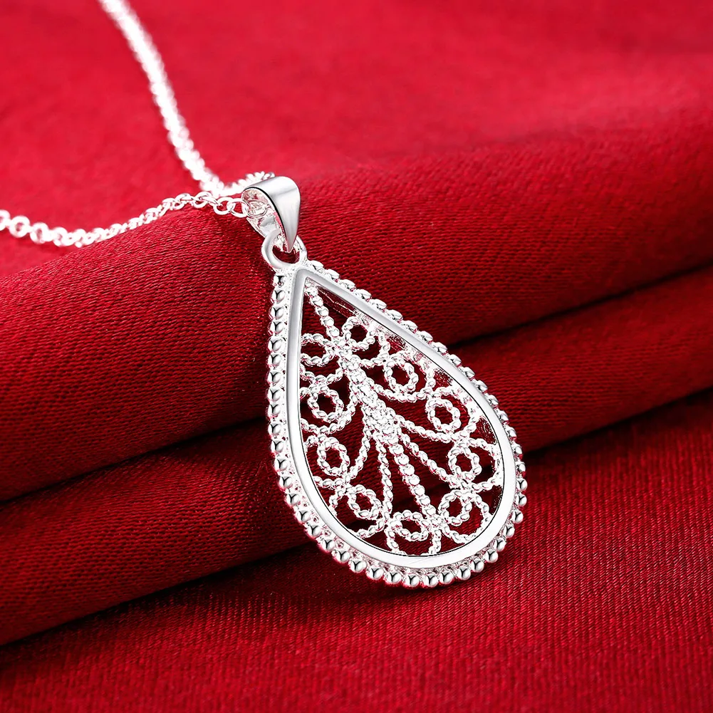 

925 Sterling Silver 18 Inches Elegant Drop Shape Pattern Pendant Necklace Fashion Jewelry Christmas Gifts