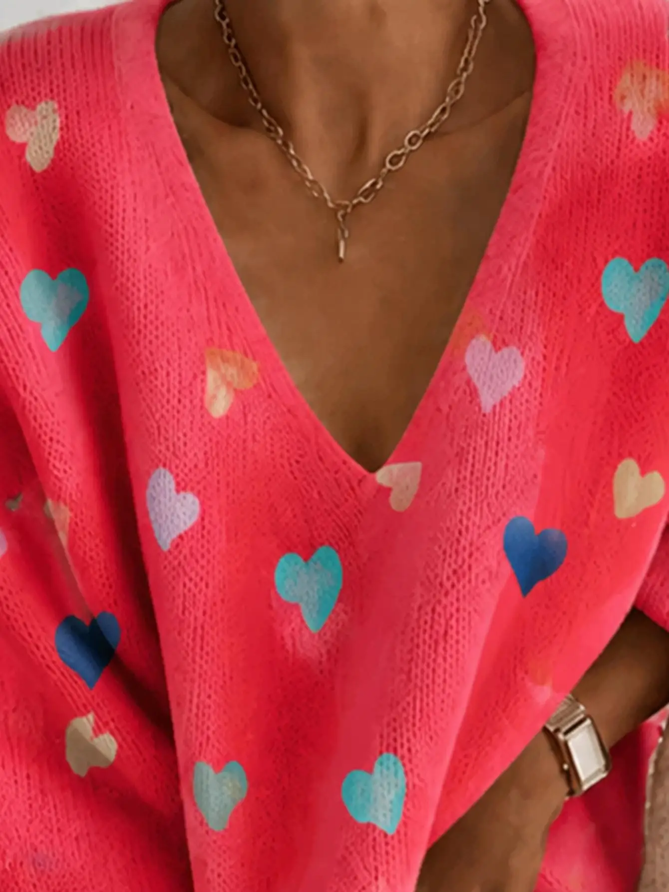 Plus Size Women Pink Heart Print V‑Neck Long‑Sleeve Sweater, Loose‑Fit Cozy Knit Pullover, Versatile for Autumn Winter