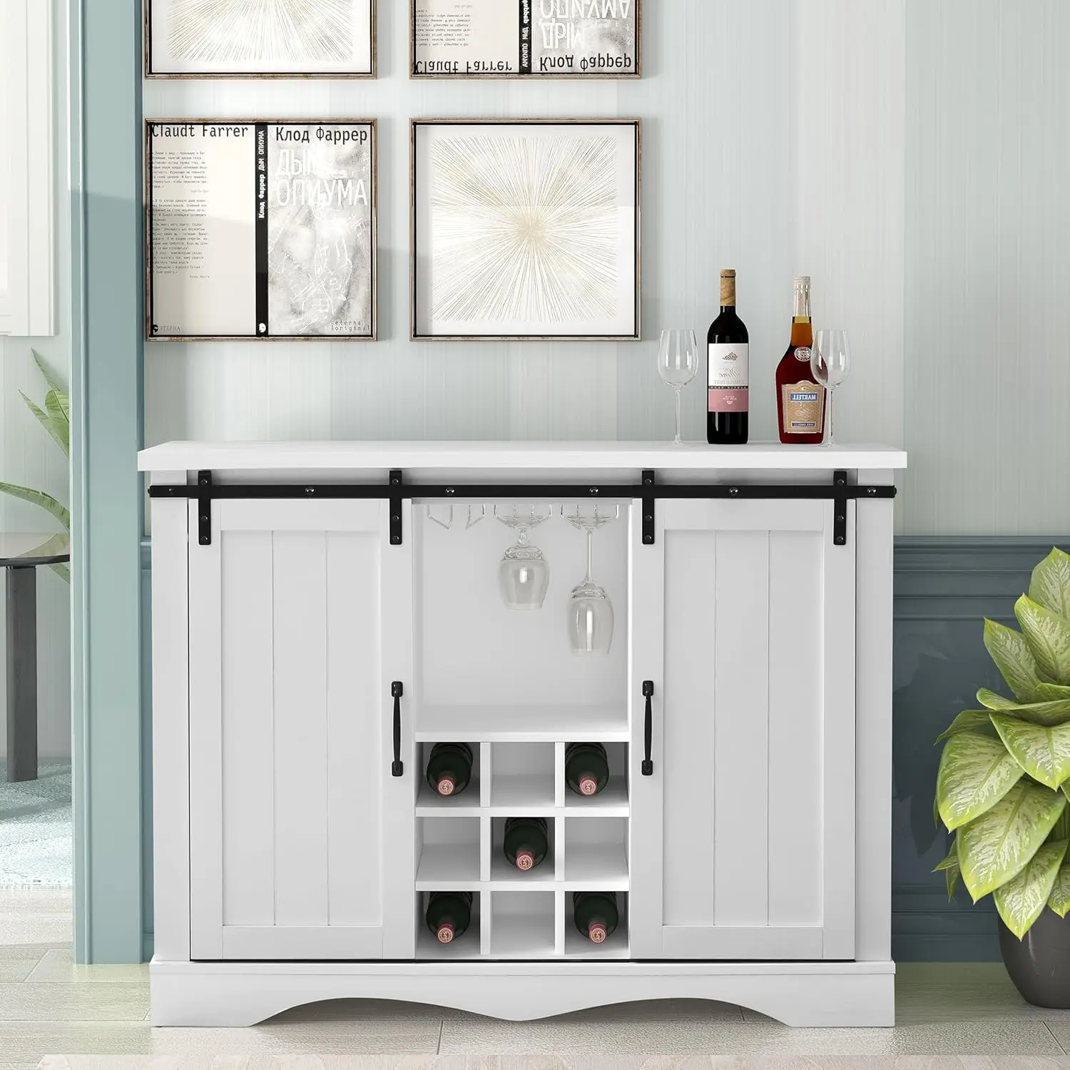 

47 Inch Wine Cabinet with 2 Sliding Barn Doors, Glass & Wine Rack, Storage Shelves Kitchen Coffee Bar Buffet Sideboard Cabinet