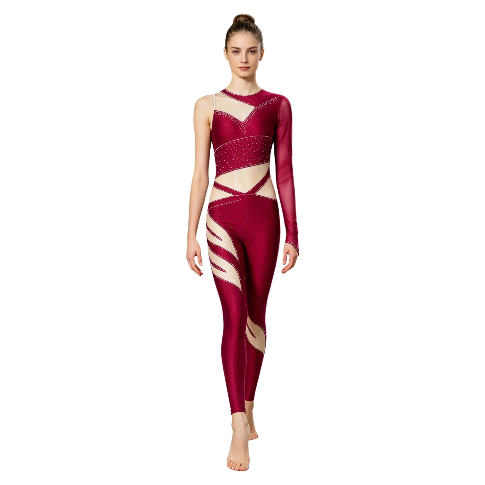 女性長袖ラインストーンフルボディユニタードジャンプスーツダンスウェア体操レオタードスケートレギンスパフォーマンス競技