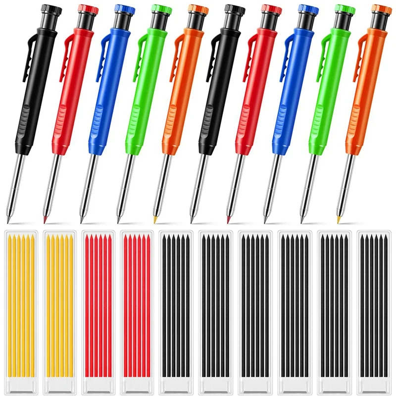 10 Pcs Solid Carpenter Pencils With 60 Pcs Refills Long Nosed Deep Hole Mechanical Pencil Marker Construction Pencils