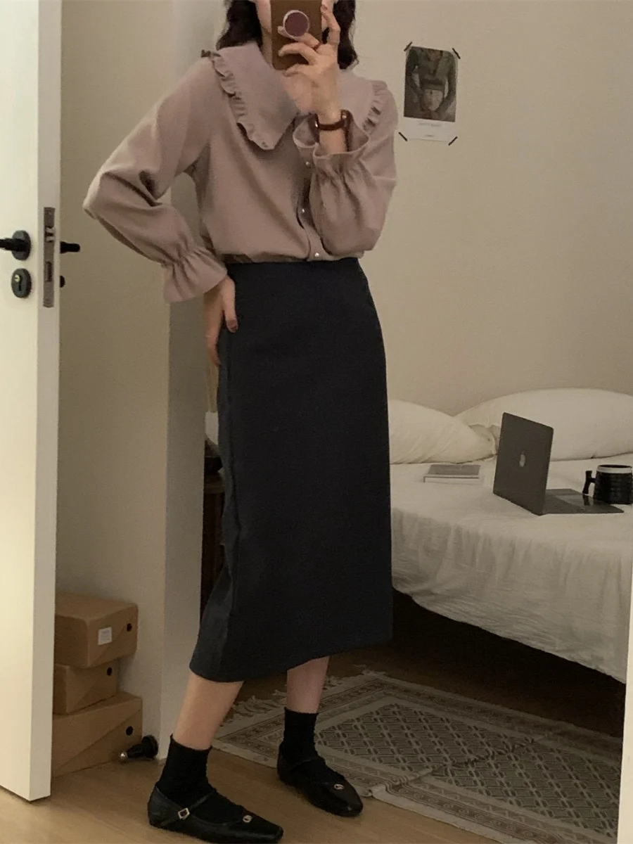 캐주얼 롱 스웨터 진주 단추 로터스 칼라 꽃봉오리 스웨터 다용도 개성 출퇴근 올매치 단색