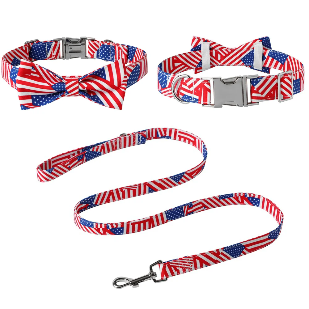 American Flag Dog Collar With Metal Buckle Patriotic US Flag Pattern Dog Collar Leash Set Adjustable for Small Medium Large Dogs