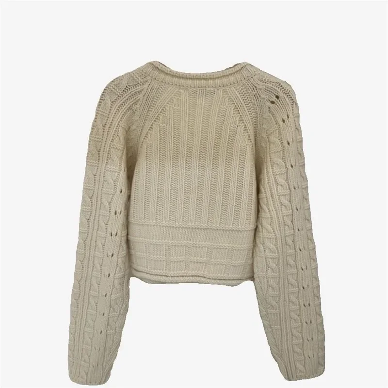 

Autumn New V Neck Cable Short Sweater Women Chinese Style All Match Hole Long Sleeve Knitted Pullovers Cashmere Y2k Clothes