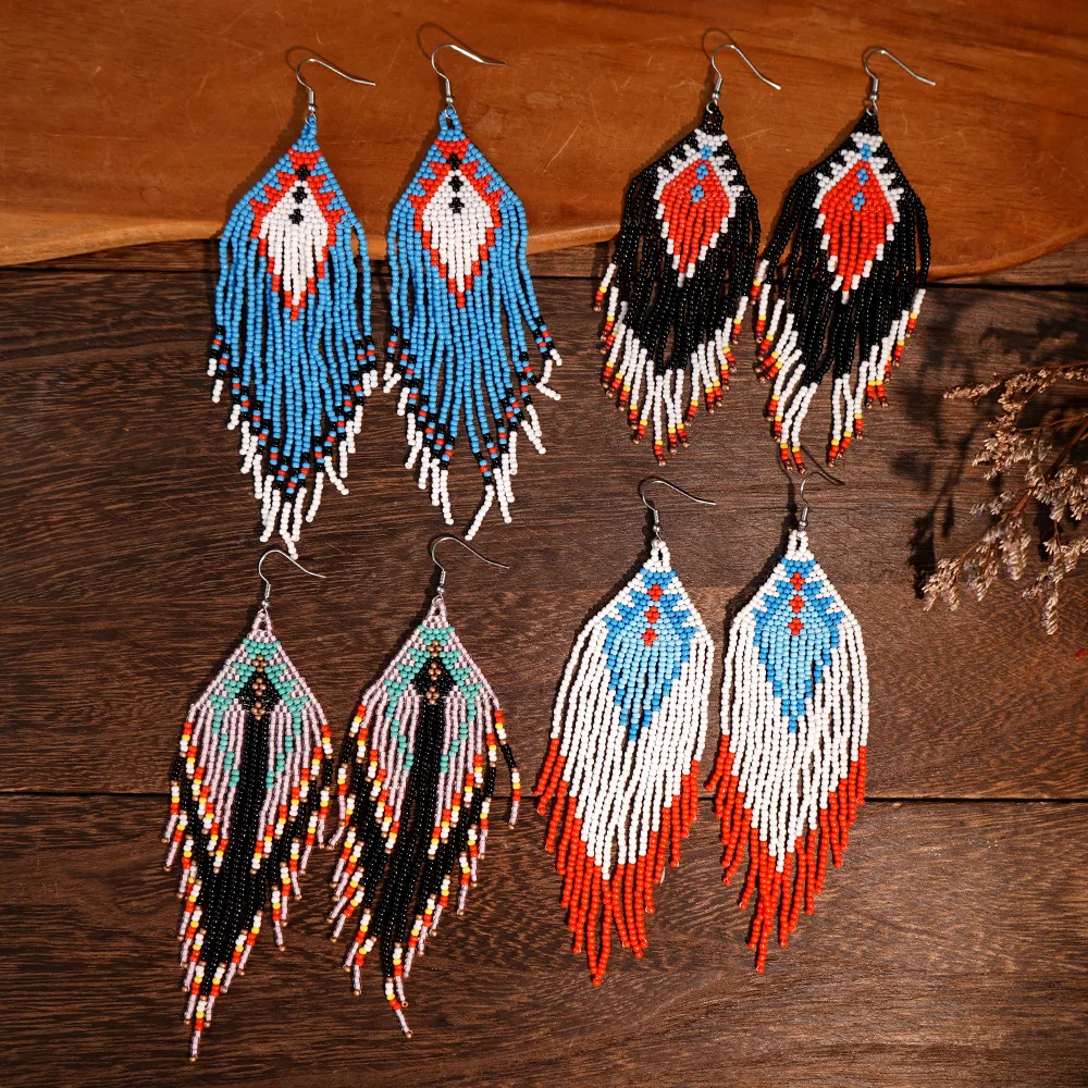 

Серьги из рисовых бусин в богемном стиле, геометрия, смешивание цветов, кисточка, ручная работа, сплав, индивидуальный национальный стиль, креативные серьги из бисера