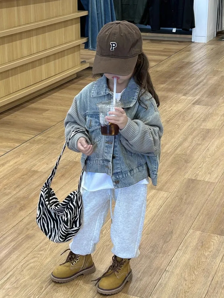 Girls Letter Denim Jacket Spring Autumn New Style Kids Patchwork Denim Top Solid Color Sweatpants Children's Outfit
