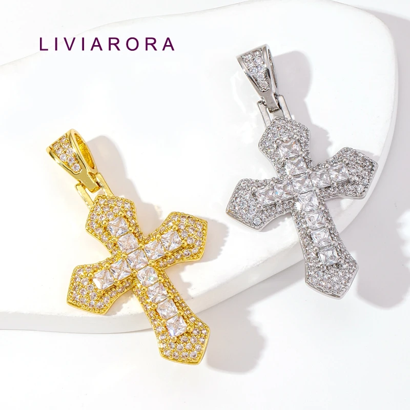 1Pc 18K Gold Plated Brass Iced Out Cross Pendant Charms, Hip Hop Religious Cross Charms For DIY Jewelry Making Accessories