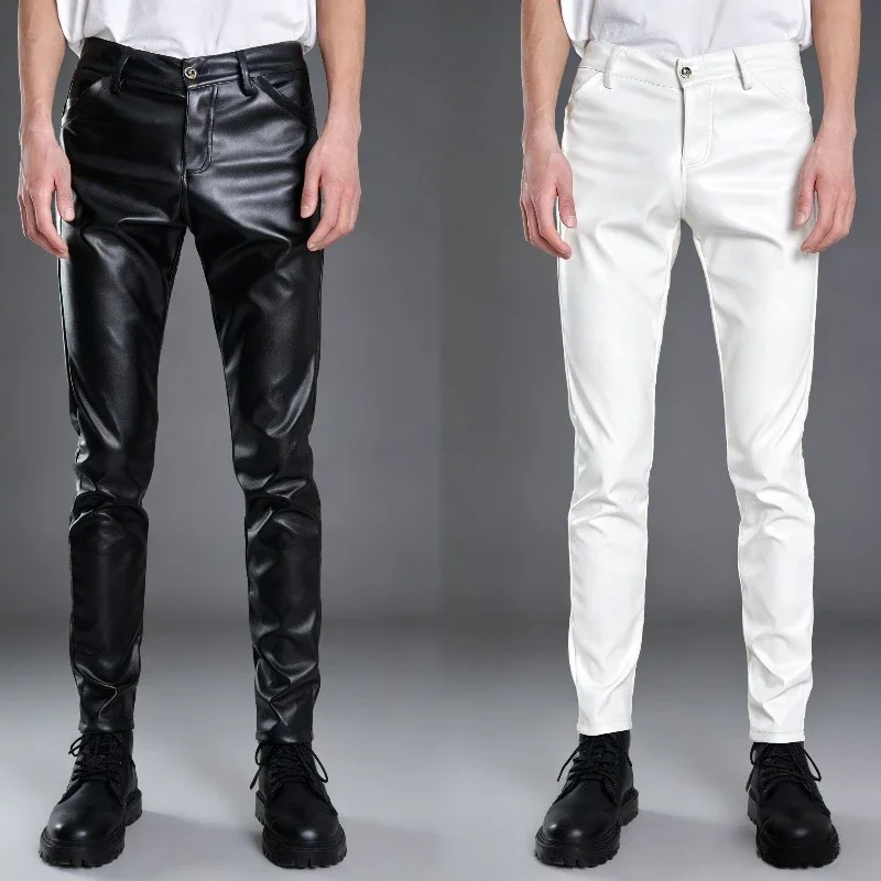 

Эластичные облегающие кожаные брюки для мужчин на весну и лето, тонкие, зеленые, оранжевые, модные, повседневные, для уличного стиля