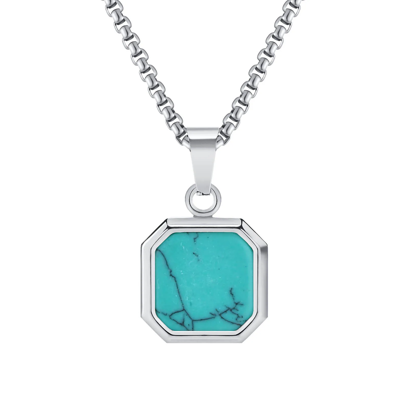 Vnox Square Natural Stone Necklace for Men Women, Stainless Steel Geometric Pendant Collar with Box Chain Gifts Jewelry image 3