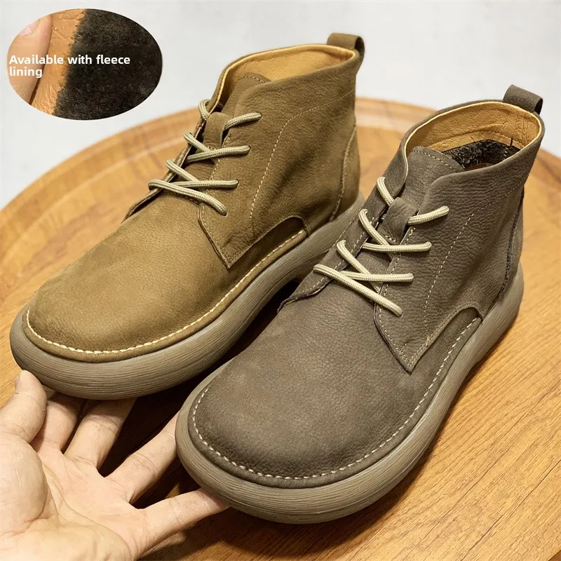 

Retro Boots High Top Warm Cotton Shoes Men's Head Layer Cowhide Faux Fur Lined Mid-Calf Boots Vintage Style
