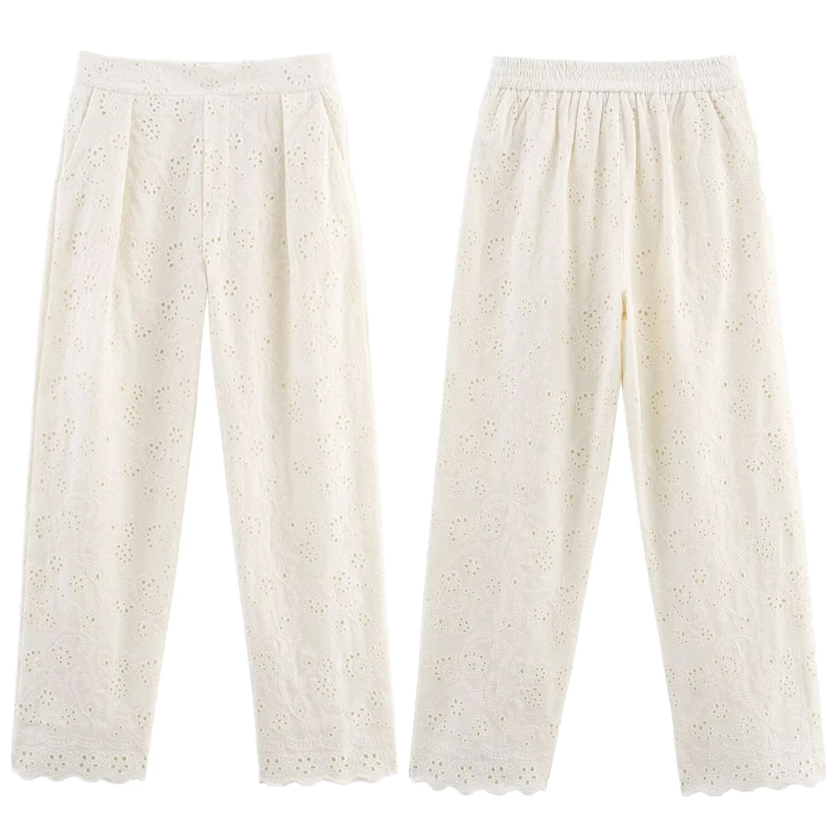 

Dave&Di French Lazy Vacation Beige Casual Pants Women Minimalist Cotton Embroidery Hollow Straight Strousers For Women