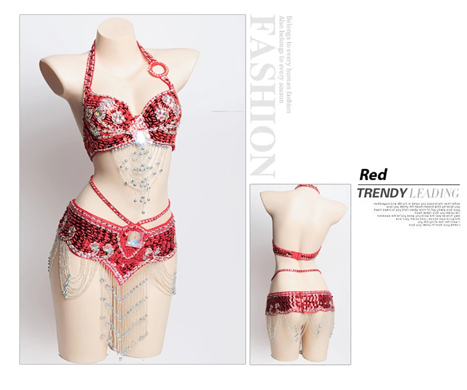 حمالة صدر وحزام للرقص الشرقي مكونة من قطعتين من حجر الراين المطرز بالخرز للنساء البالغات، دعائم أداء لمرحلة الرقص