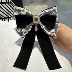 Korean Fabric Lace Bow Brooches for Women Rhinestone Pearl Shirt Collar Pins Fashion Bowknot Badge Jewelry Accessories