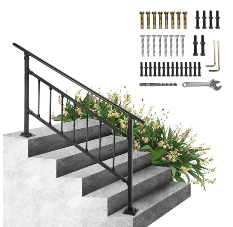 VEVOR Outdoor Handrail, for 1-5 Steps, Adjustable Iron Rail with Fence, Matte Black, with Installation Kit