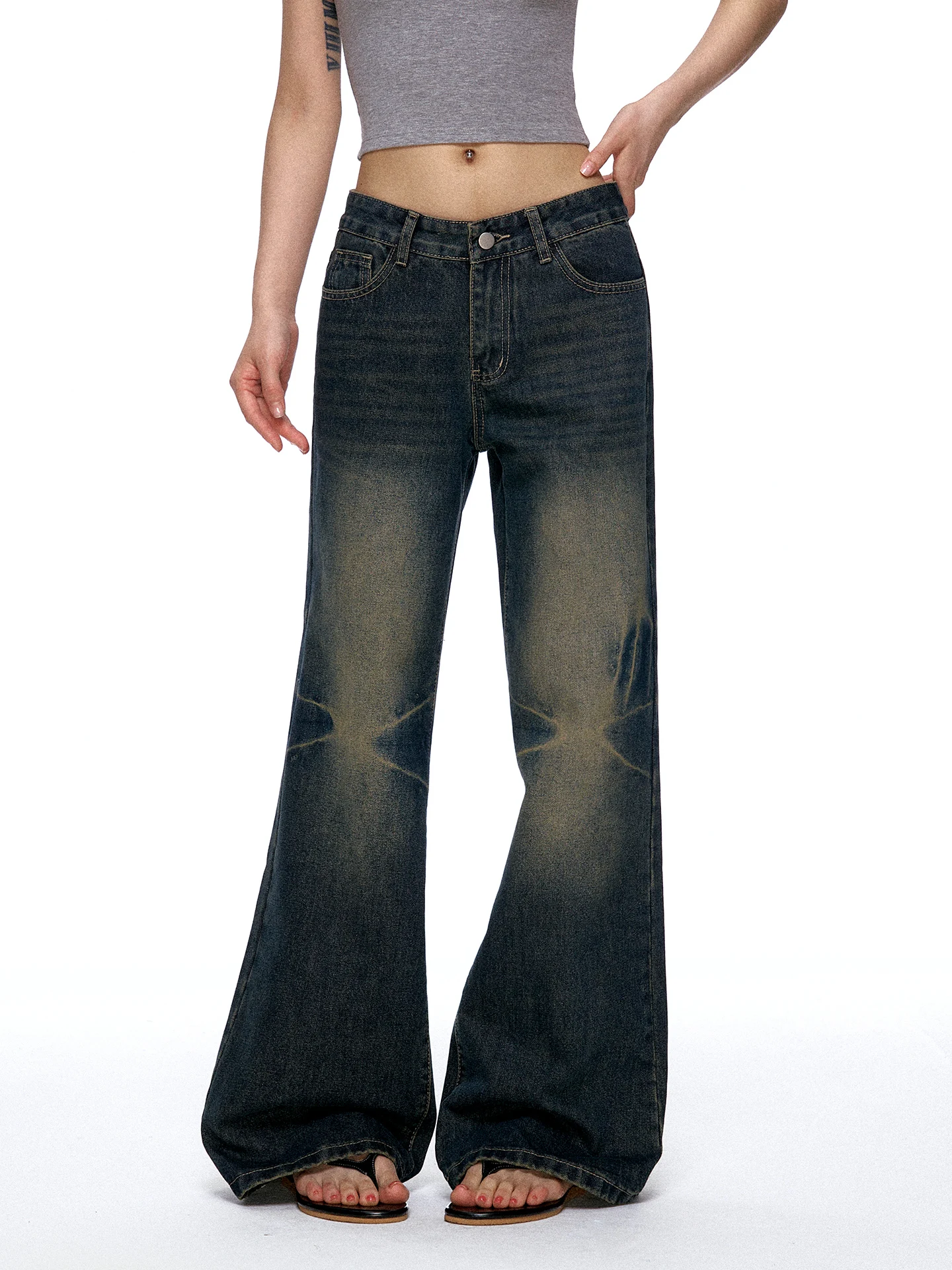 Aaisup American Retro Washed Bell Bottom Jeans Women Summer Design Loose Slim Straight Wide Leg Long Pants Casual Denim