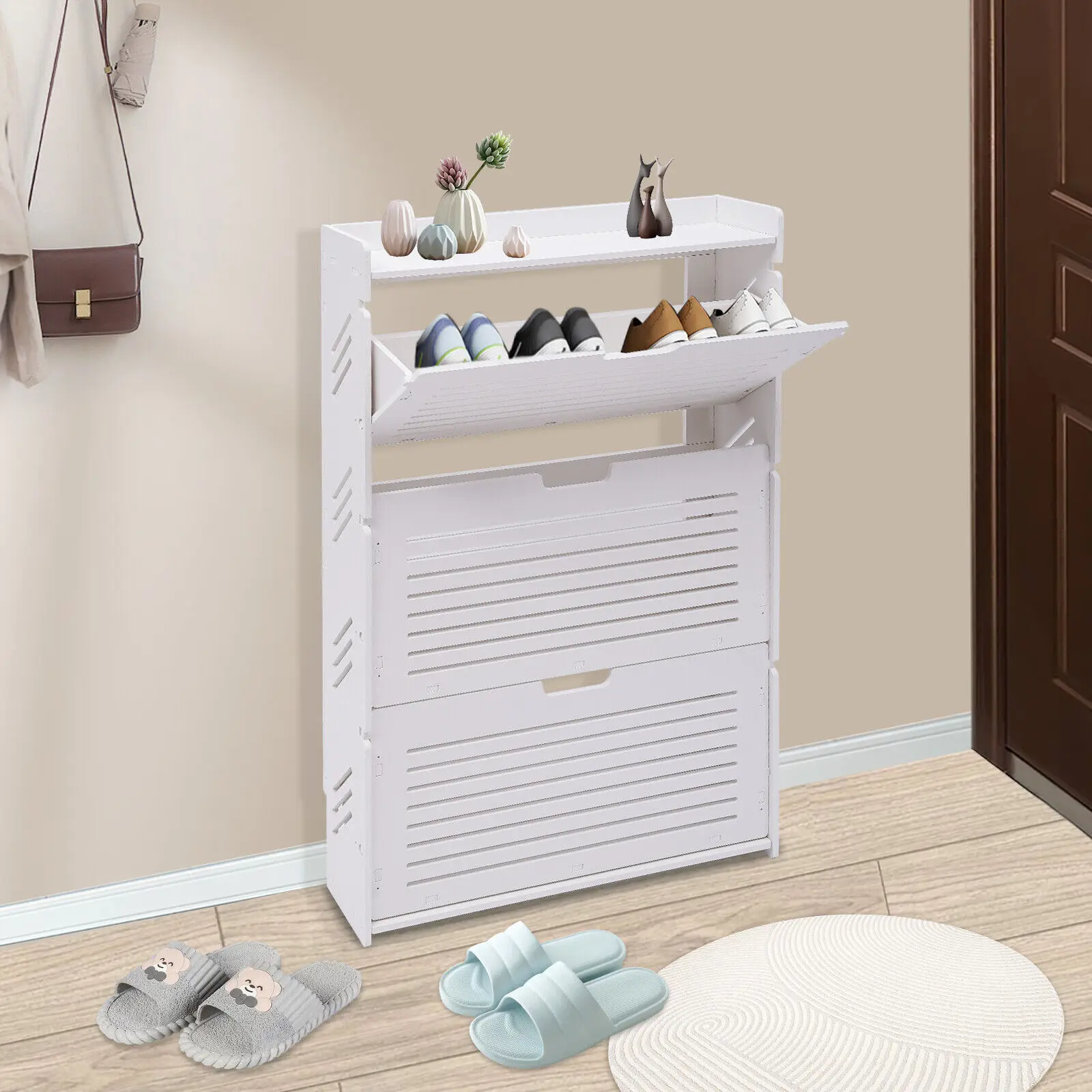 White Shoe Storage Cabinet Organizer With 3 Flip Drawers Concealed Handle For Entryway Shoe Rack Ultra-Thin Shelf