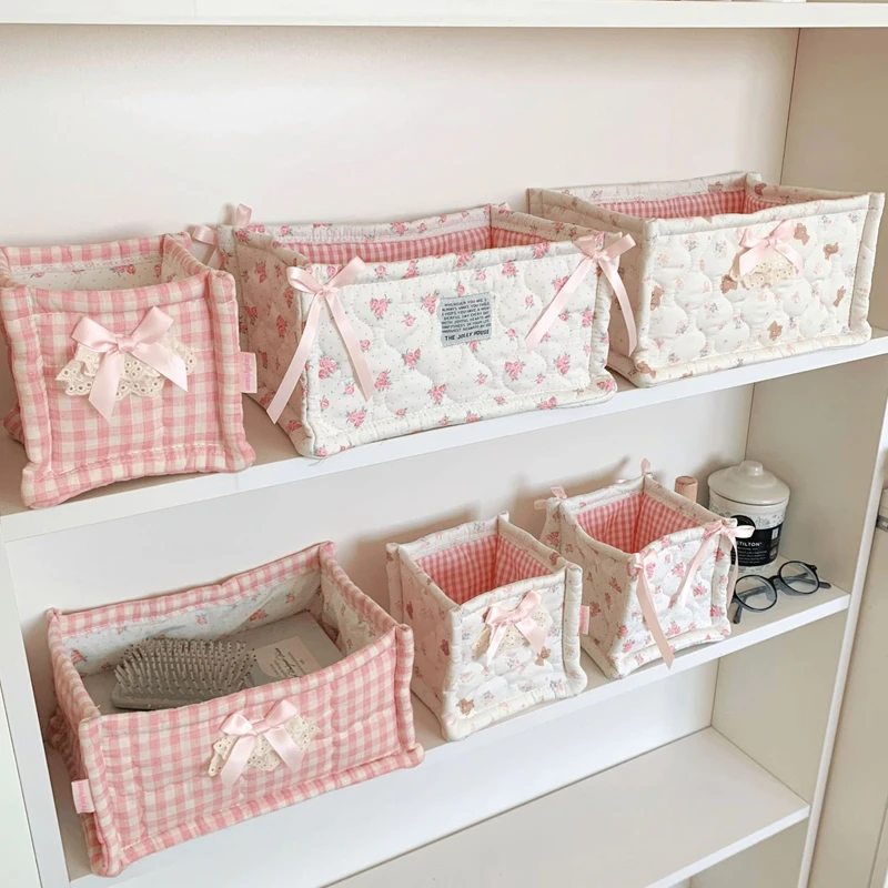 Pink Gingham Floral Quilted Storage Basket Collapsible Fabric Organizer with Bow Decoration Desktop & Cabinet Storage Box