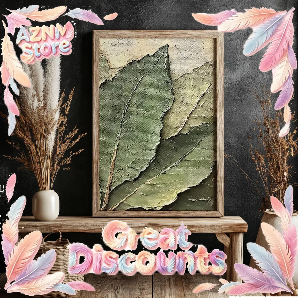 2026 Layered Botanical Leaves Wooden Framed Canvas Wall Art, Nature-Inspired Green Texture Print, Rustic Earthy Home Decor