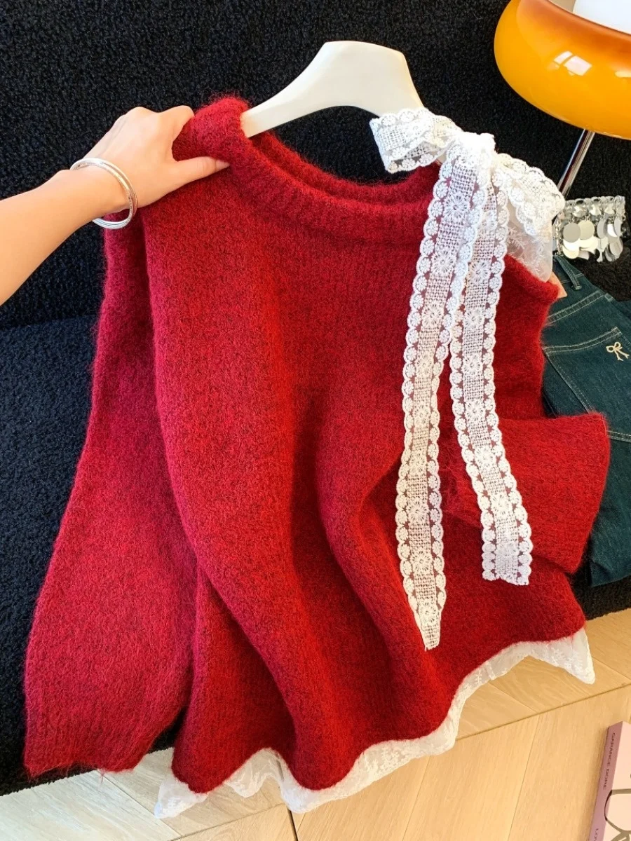 Cisas Aosphere الأحمر عقدة الدانتيل الربط oulder عارية سترة المرأة الخريف الشتاء فضفاض Sle النسخة الكورية #1