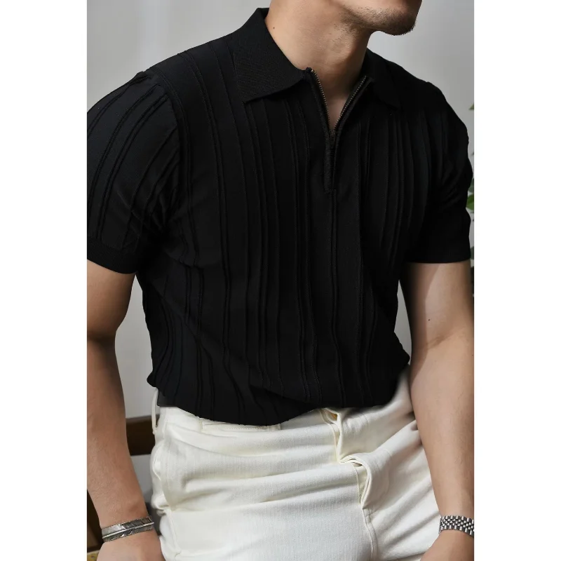 Summer Men Solid Zipper Knitted Polo Shirt Streetwear Fashion Male Clothes Lapel Slim Basic Business Casual Short Sleeve Tops