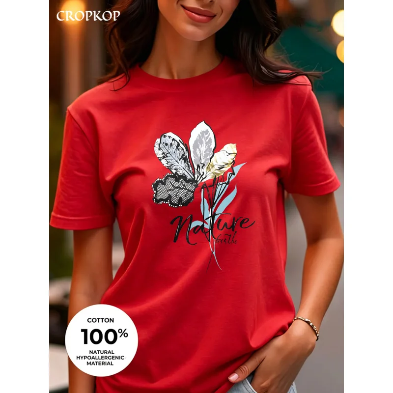 Women'S Pure Cotton T-Shirt, With Elegant Floral Print, Available In Three Colors, Round-Neck Short-Sleeved Top