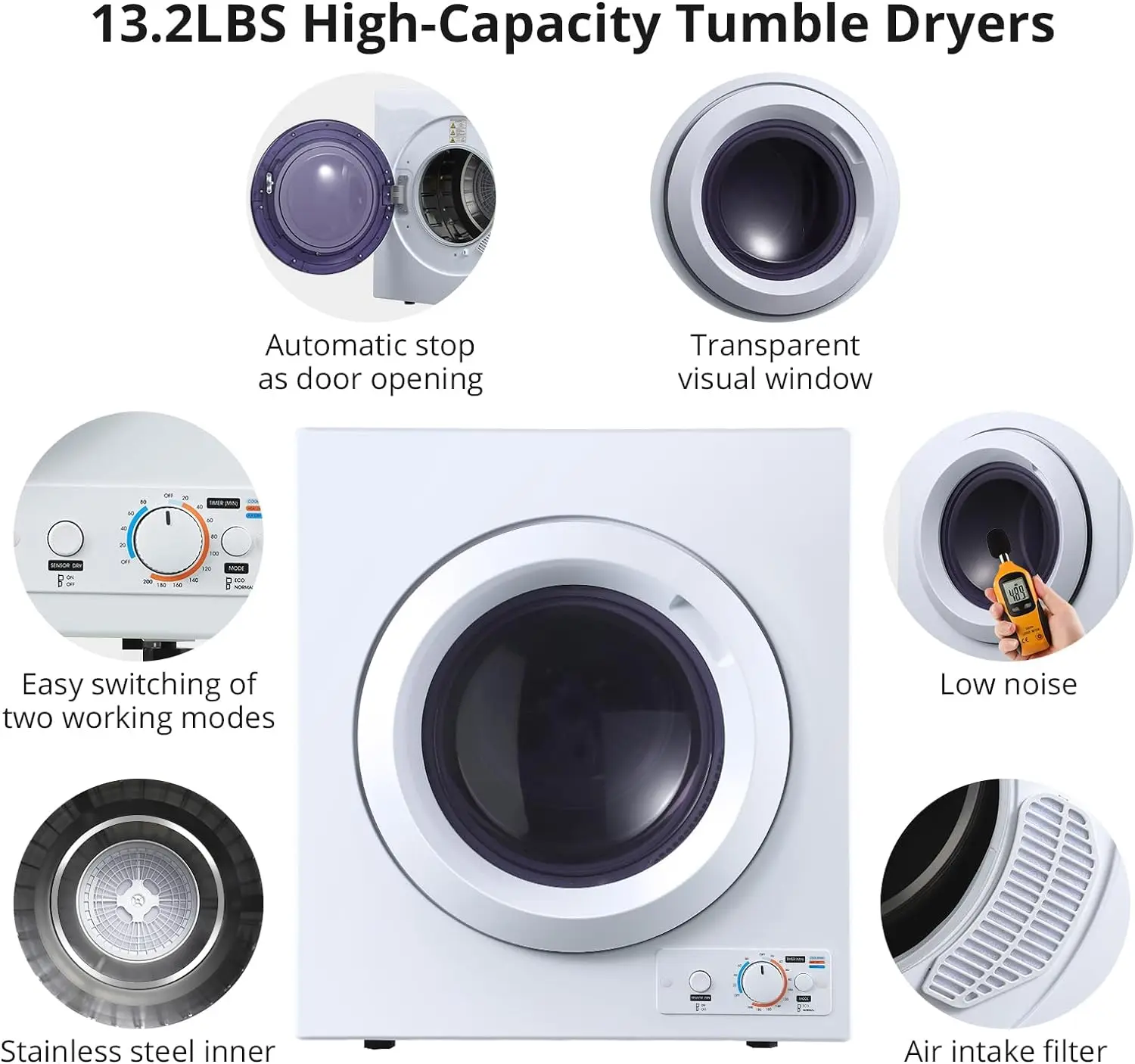 

ACONEE 2.65 cu.ft Compact Clothes Dryer Machine, 2 Temperatures, Dries Up to 14.4 lbs of Clothes