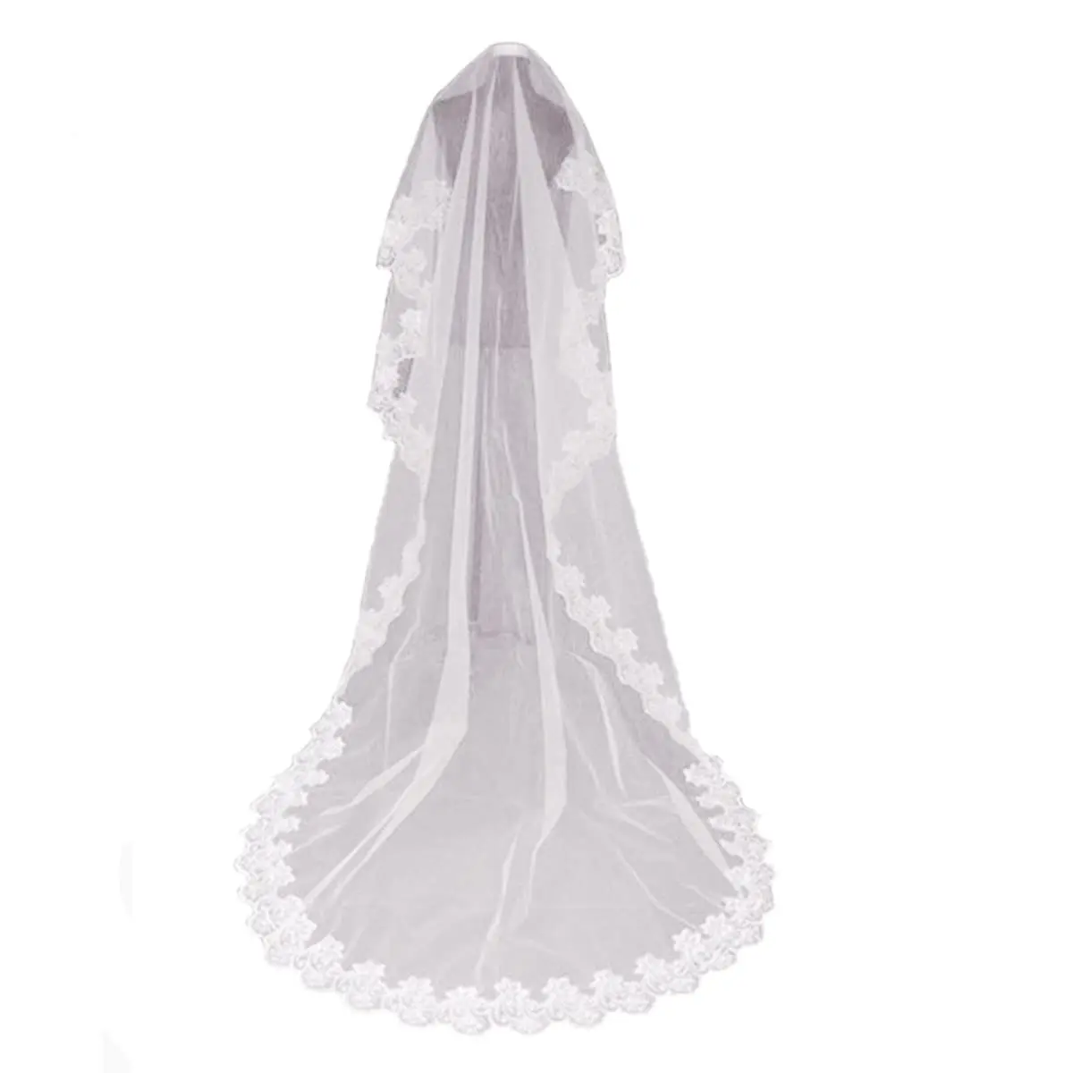 Long Cathedral Veil 1 Tier Lace Wedding Applique Bridal Head Wrap(No Comb)