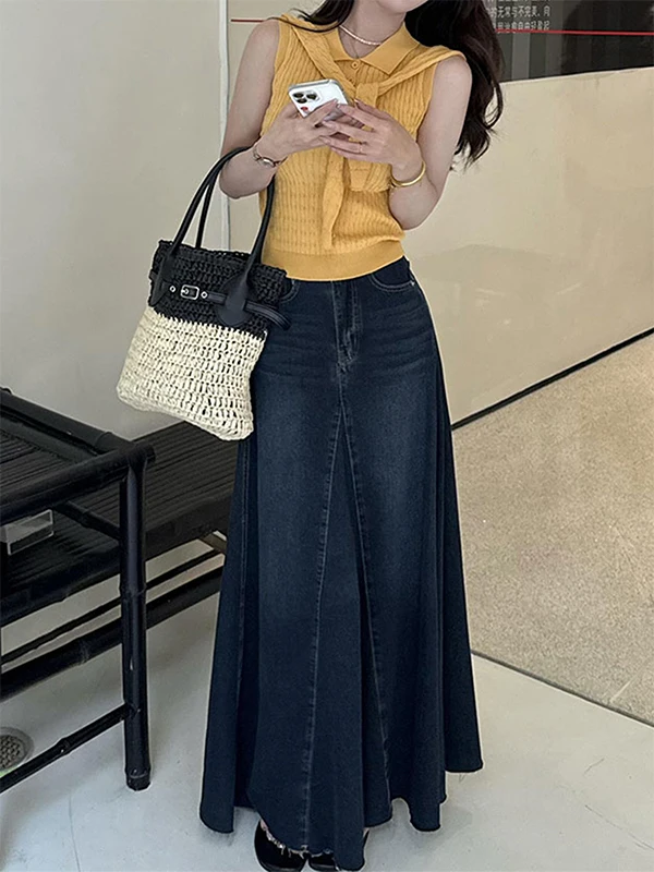 

Ретро-синяя джинсовая юбка А-силуэта с высокой талией, облегающая, стройнящая, с эффектом «рыбий хвост», длинная, женская, модная, весна-осень