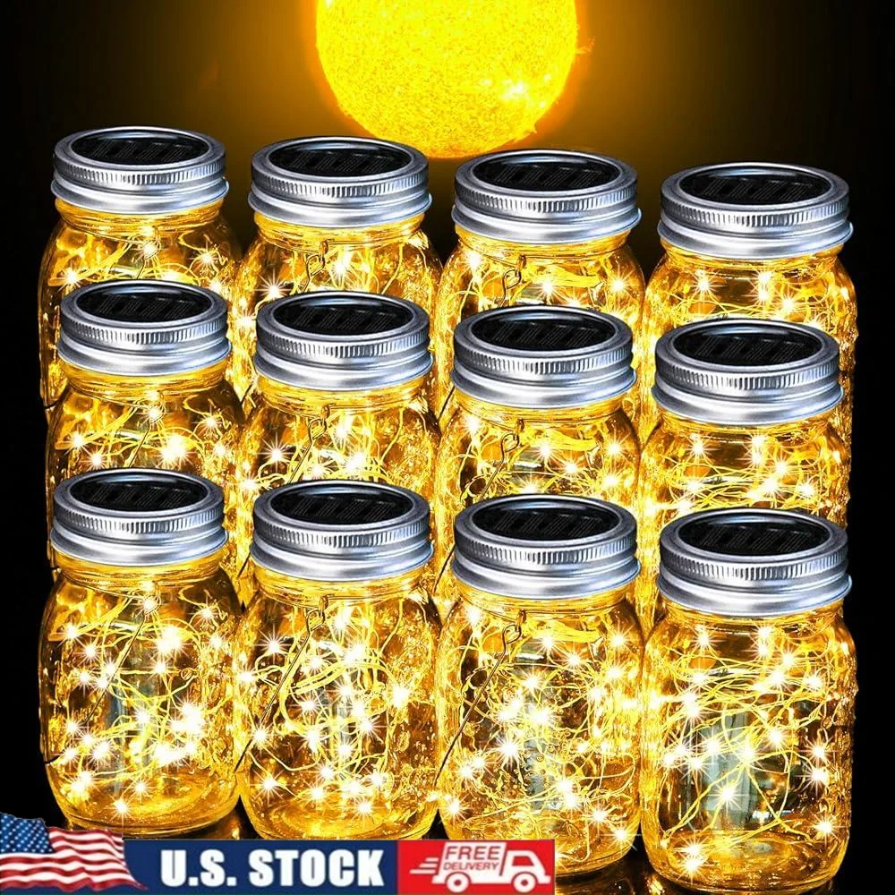 12 Pack Solar Powered Crystal Glass Lanterns Outdoor Waterproof Garden Lights 30 LED Mason Jar Lamp Set Decorative Lighting