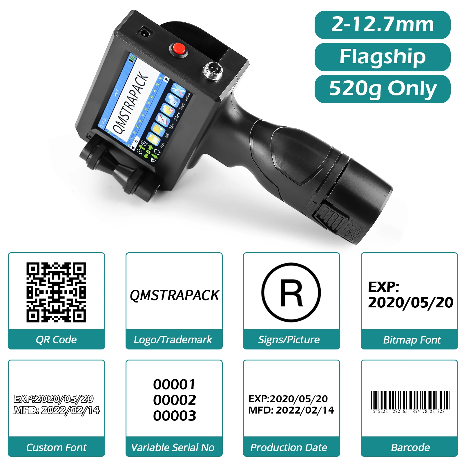 Imagem -04 - Pistola de Impressora Portátil com Tinta de Secagem Rápida Impressora de Código de Barras qr Número do Lote Logotipo Data Impressora de Etiquetas 127 mm