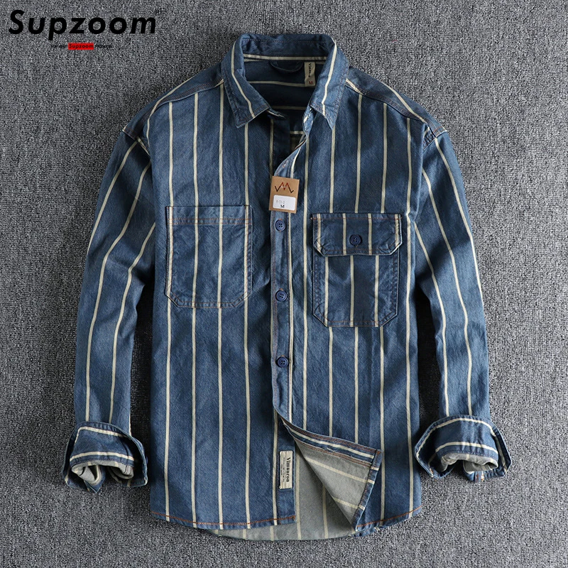 Supzoom 2022 New Arrival Top Fashion Brand Clothing Denim Full Turn-down Collar Open Stitch Striped Men Chemise Casual Shirts