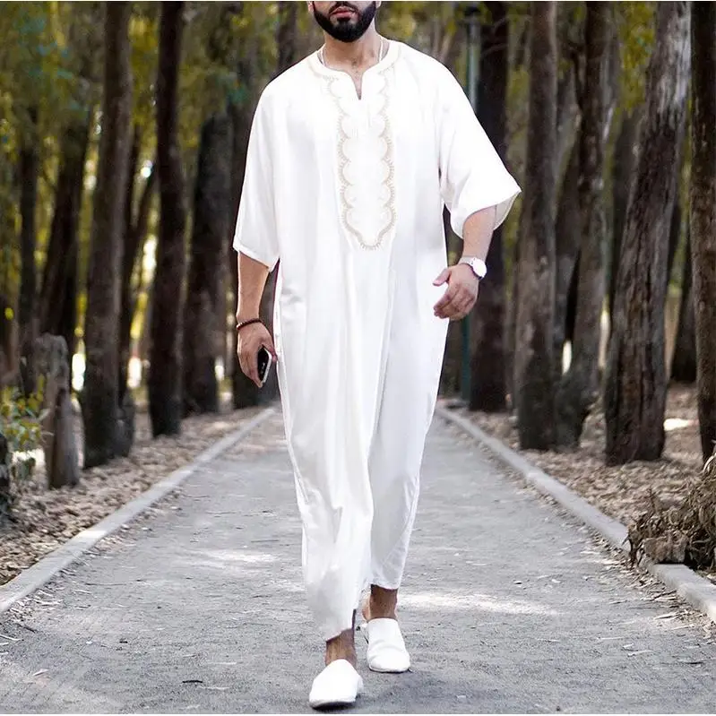 

Loose Muslim Robe Casual V-Ne Mid-Sve One-Piece Clothing Comfortable Ethnic Men's Wear for Autumn Season