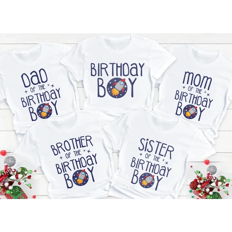 

2023 New Arrival Family Birthday Shirt,Space Theme Birthday Boy Party Matching Tshirt Fashion Astronaut Rocket T Shirt White