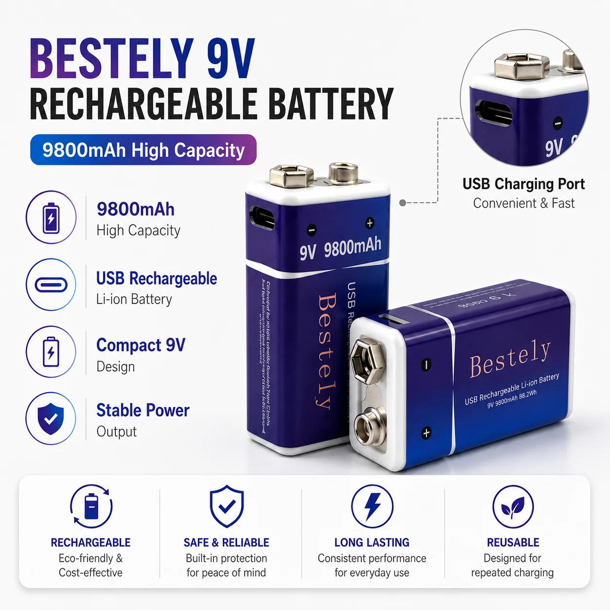 9V 9800mAh Rechargeable Lithium Battery Long Lasting USB-C Charging Battery Pack for Smoke Detector Wireless Microphone Alarm