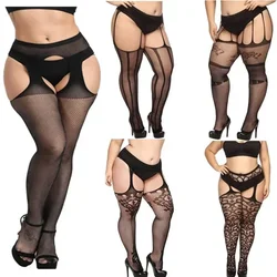 Plus Size Sexy Fish Net Stockings with Garter Belt for Women Fishnet Pantyhose Plus Size Thigh High Sock Over The Knee Socks