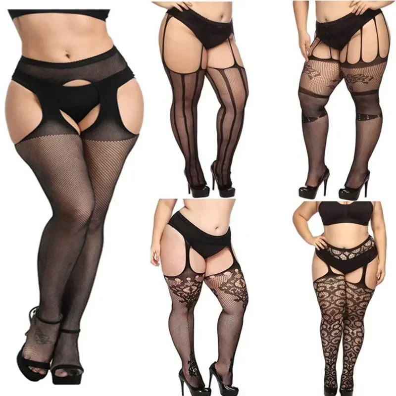 Plus Size Sexy Fish Net Stockings with Garter Belt for Women Fishnet Pantyhose Large Thigh High Sock Over The Knee Socks