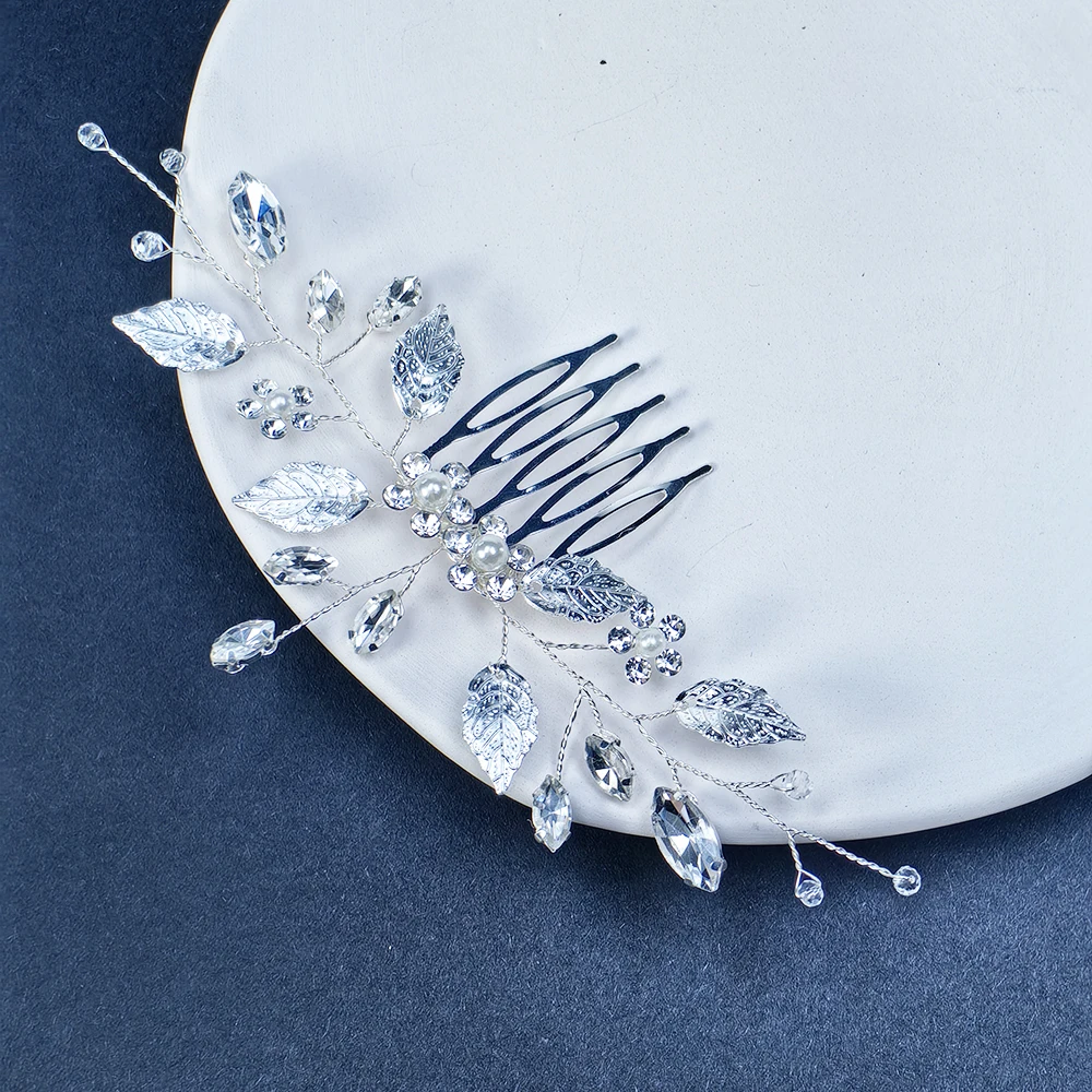 Leaf bridal wedding crystal hair comb rhinestone pearl bridal hair piece flower headdress suitable for women and girls