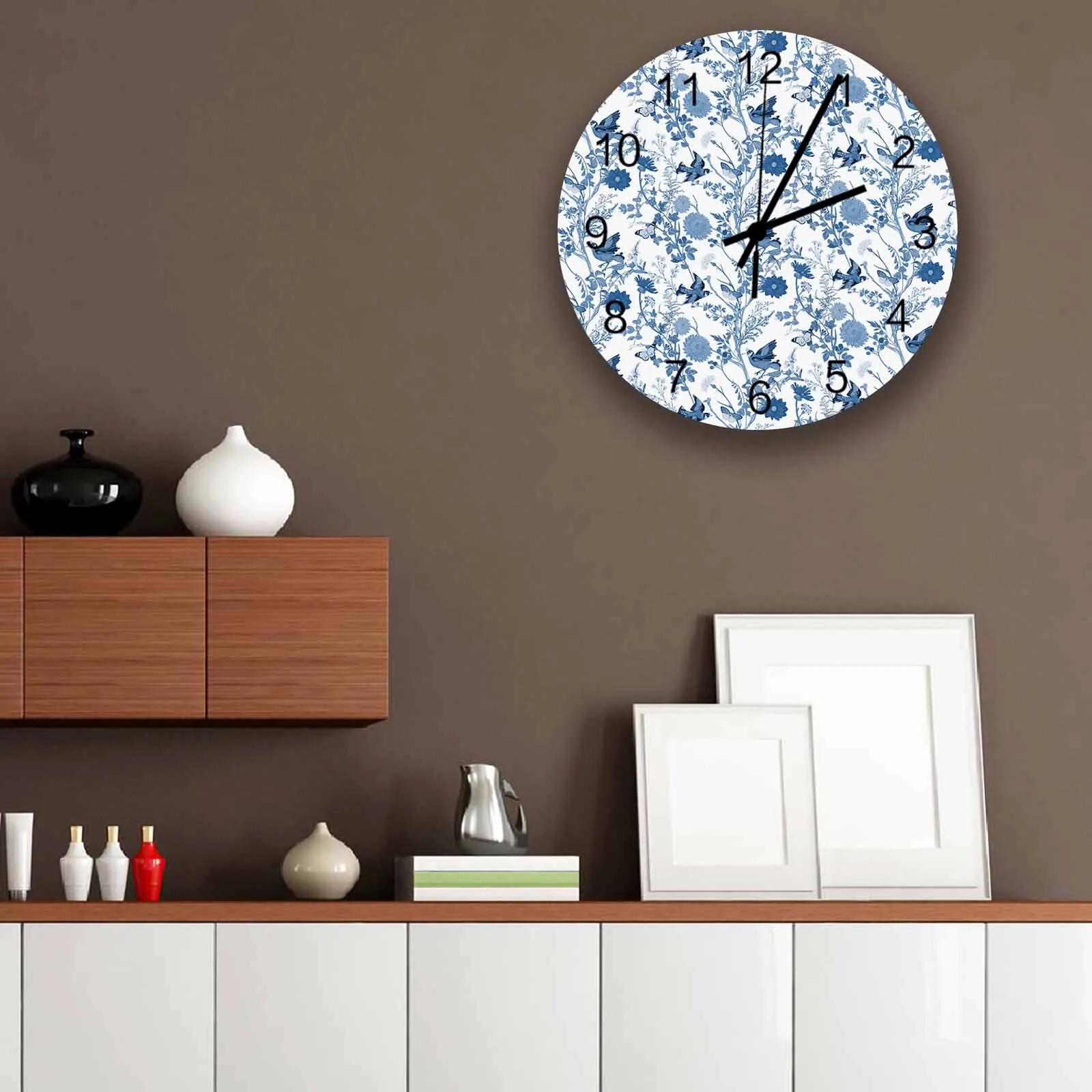 

Vintage Flower Bird Blue Wall Clock Large Modern Kitchen Dinning Round Wall Clocks Bedroom Silent Hanging Watc