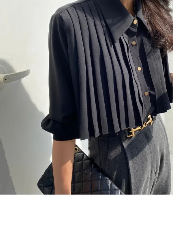 

Chic Vintage Long Sve irt Women's Loose Fit Button down Heavy Embellied Pleated Design Versatile Workwear Commute Sle