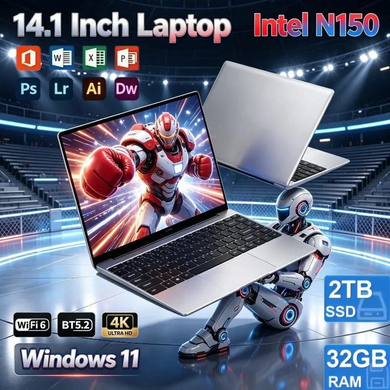 14.1 Inch Portable Notebook Intel N150 Processor 32GB RAM 2TB SSD Win11 Preloaded Office Business Home Daily Gaming Laptop