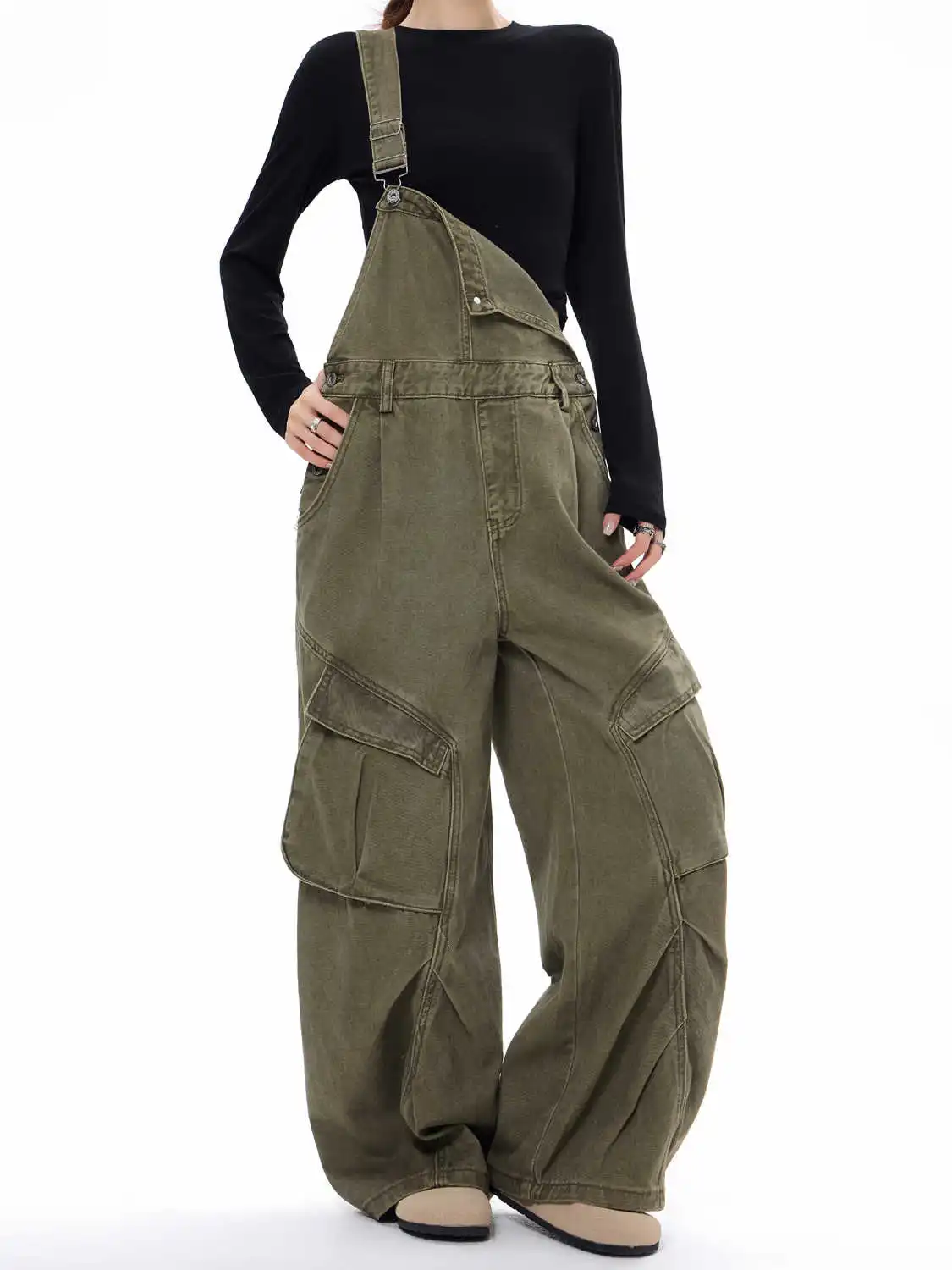 American-style Vintage Multi-pocket Overalls 2026 Spring Women Washed Straight Jumpsuit Floor-length Wide-leg Casual Jeans