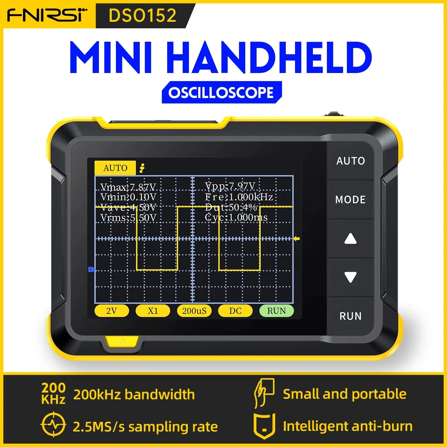 

FNIRSI DSO152 Mini Handheld Digital Oscilloscope 2023 Latest Version 2.5MSa/s 200KHz Analog Bandwidth 800 VPP with PWM Output