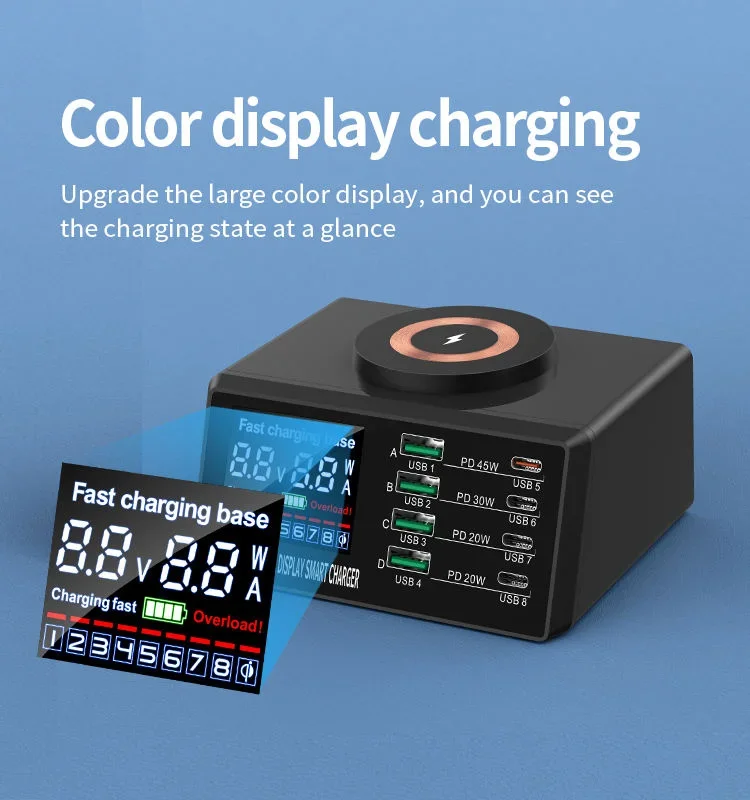 Fast Charger Digital Display Desktop USB Type C 45W PD3.1 PPS QC4.0 Support Wireless Quick Charger For Laptop Tablet Phone