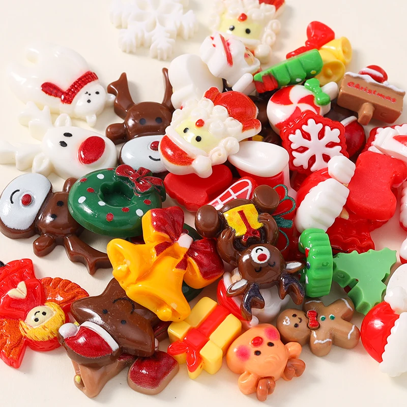 Leslie 10pcs New Resin Christmas Deer Bell Gingerbread Man Snowman Santa Claus Charm Flatback Cabochons for DIY Jewelry Making