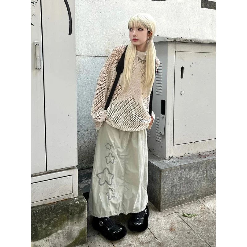 KOSAHIKI Hollow Knitwear Y2k Aesthetic Thin Sweater Harajuku Streetwear Punk See Through Jumper Women's Clothing Fairy Grunge