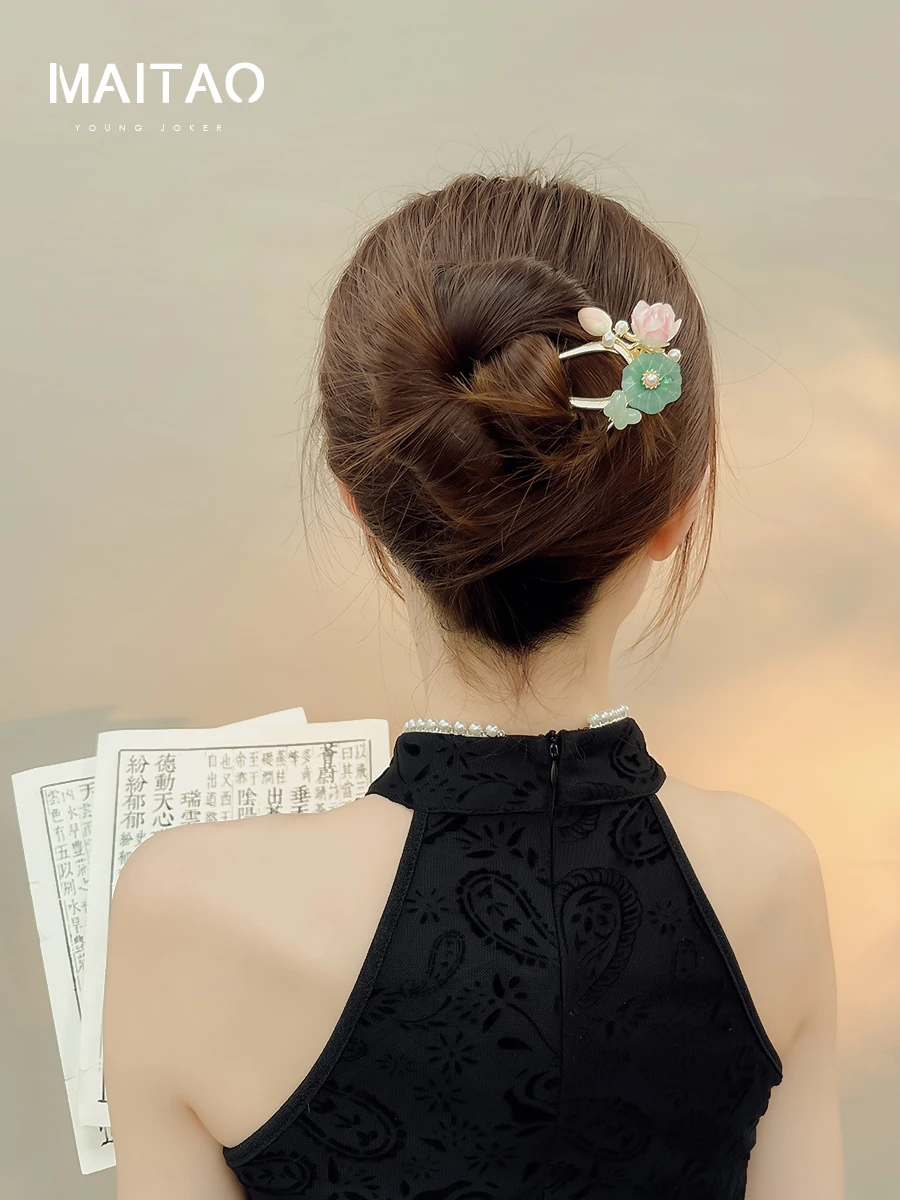 

Заколка для волос в форме лотоса, женская U-образная заколка для волос, новый стиль, китайский национальный стиль, головной убор Hanfu Step Shake, заколка на затылке