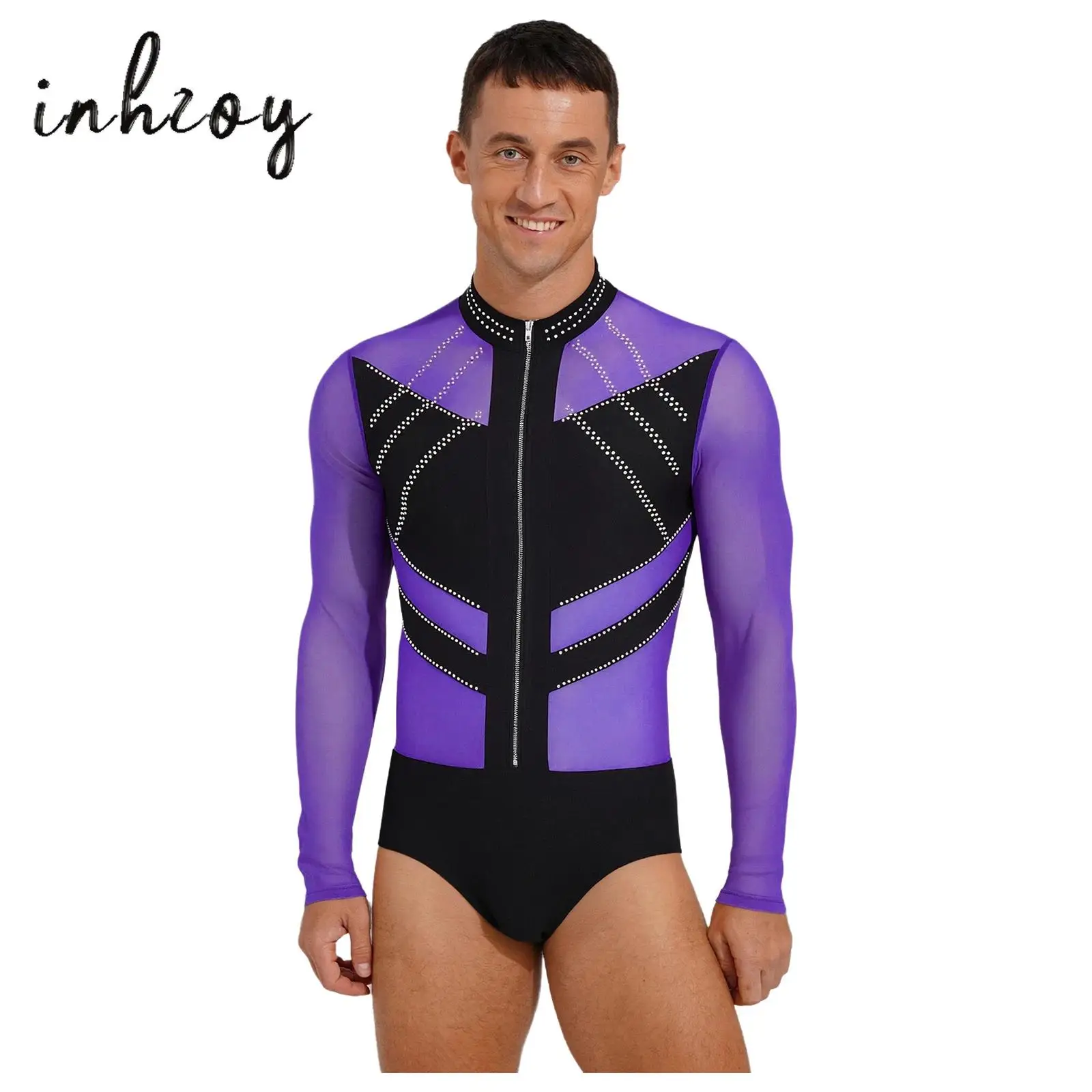 

Mens Latin Dance Bodysuit Sheer Mesh Contrast Color Long Sleeve Button Crotch Leotard for Ballet Dance Gymnastic Figure Skating