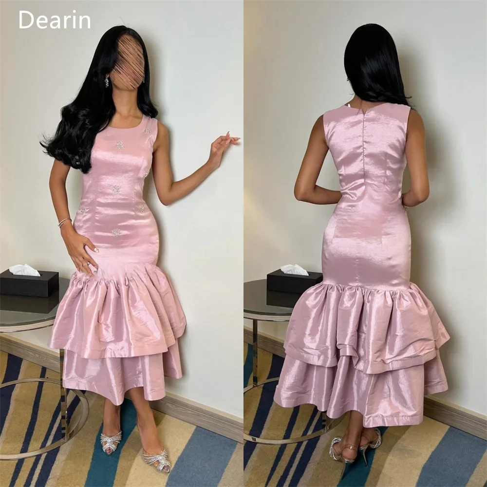 

Customized Saudi Arabia Dearin Scoop Neckline Trumpet Tea Length Skirts Layered Draped Sleeveless Bead Bespoke Occasion Dresses